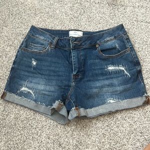 Distressed dark jean shorts